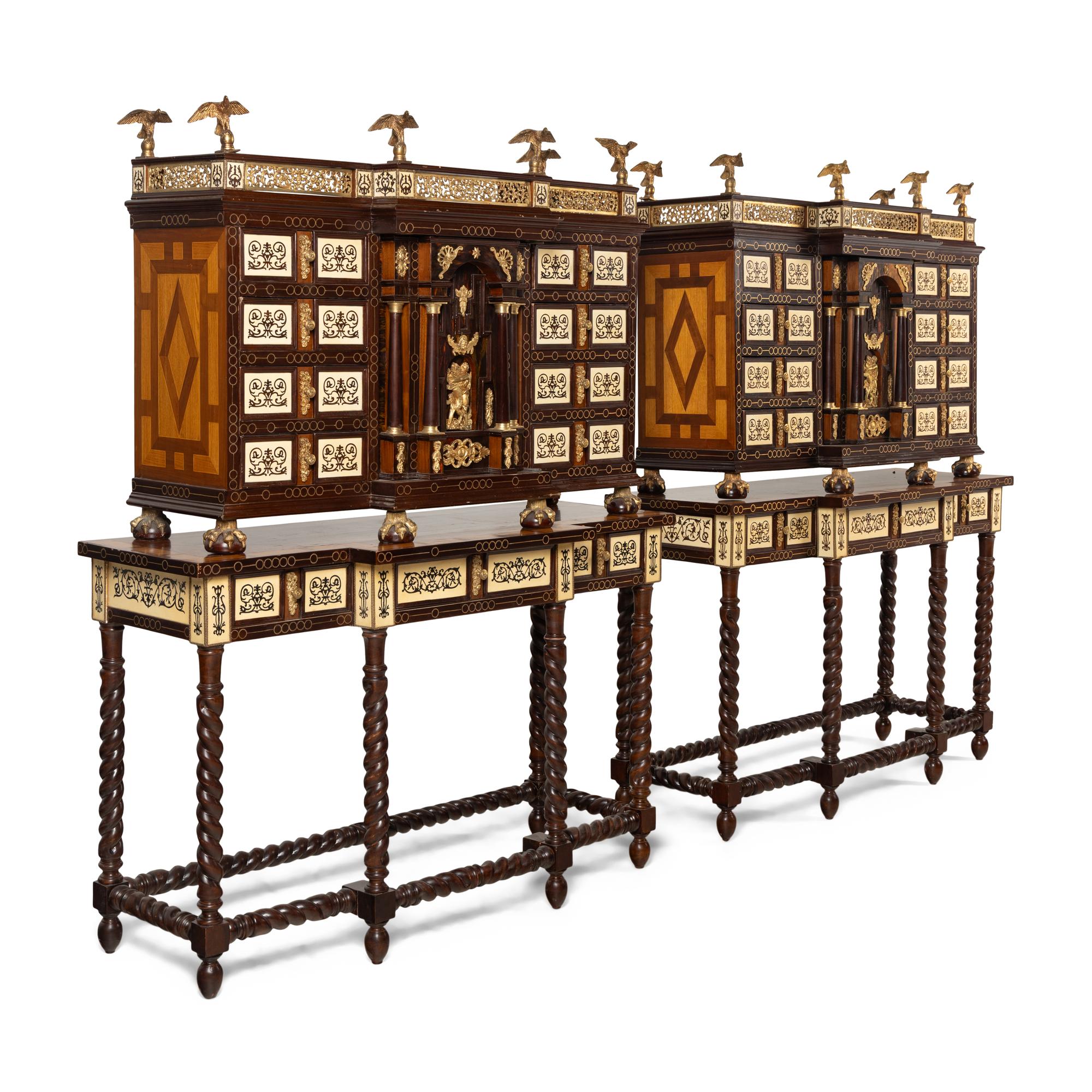 A Pair of Spanish Renaissance Style Gilt Bronze Mounted Marquetry Collector's Cabinets on Stands
