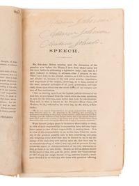 [JOHNSON, Andrew (1808-1875), his copy]. Stephens, Alexander Hamilton. Speech of Hon. Alex. H. Stephens, Of Georgia, on the Civil Rights’ Bill, delivered ... in Congress assembled, 5th of January, 1874 . Washington, 1874.