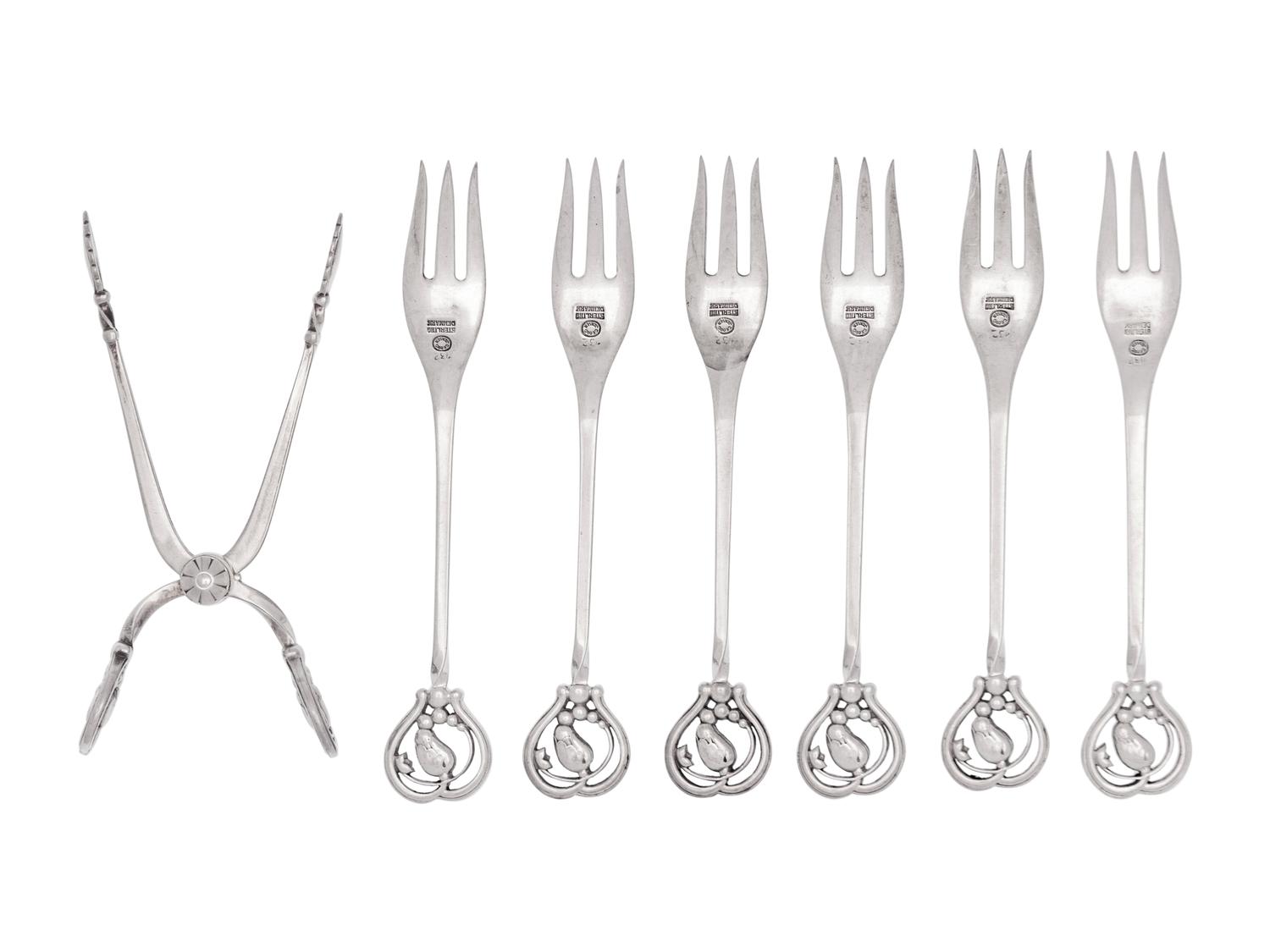 A Set of Six Georg Jensen Silver Flat Blossom Pattern Cocktail Forks