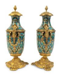 A Pair of French Gilt Bronze and Champleve Covered Urns — 19TH CENTURY