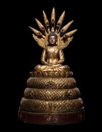A Large Thait Gilt and Red Lacquered Wood Figure of Buddha
