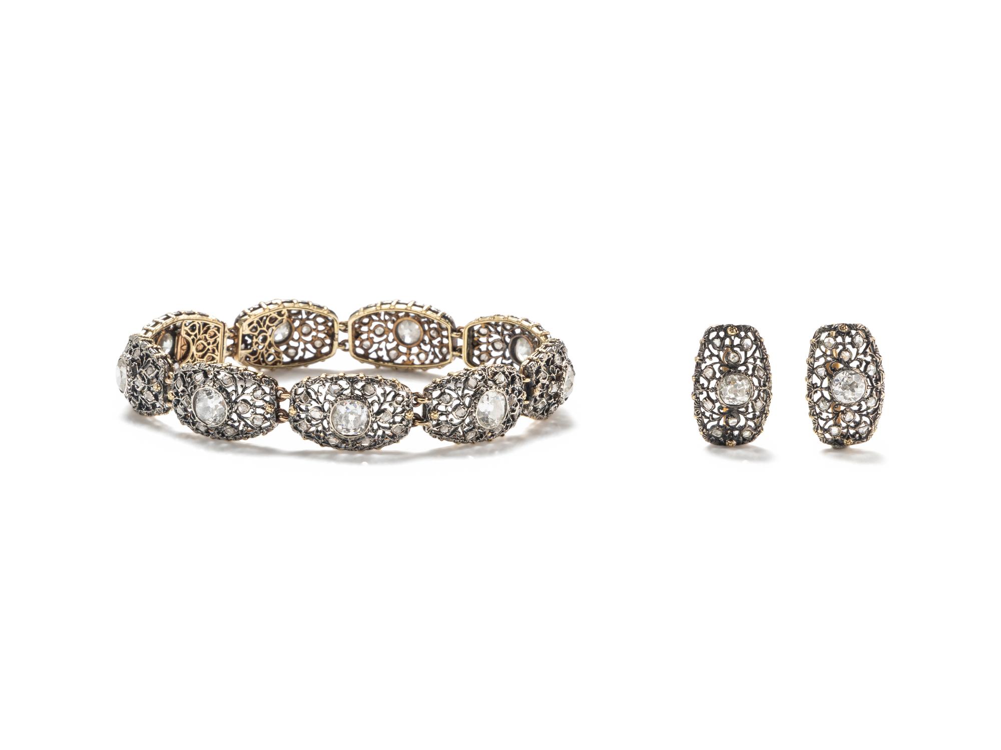 M. BUCCELLATI, SILVER-TOPPED GOLD AND DIAMOND BRACELET AND EARRINGS