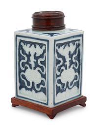 A Chinese White Slip Decorated Blue Ground Rectangular Tea Caddy