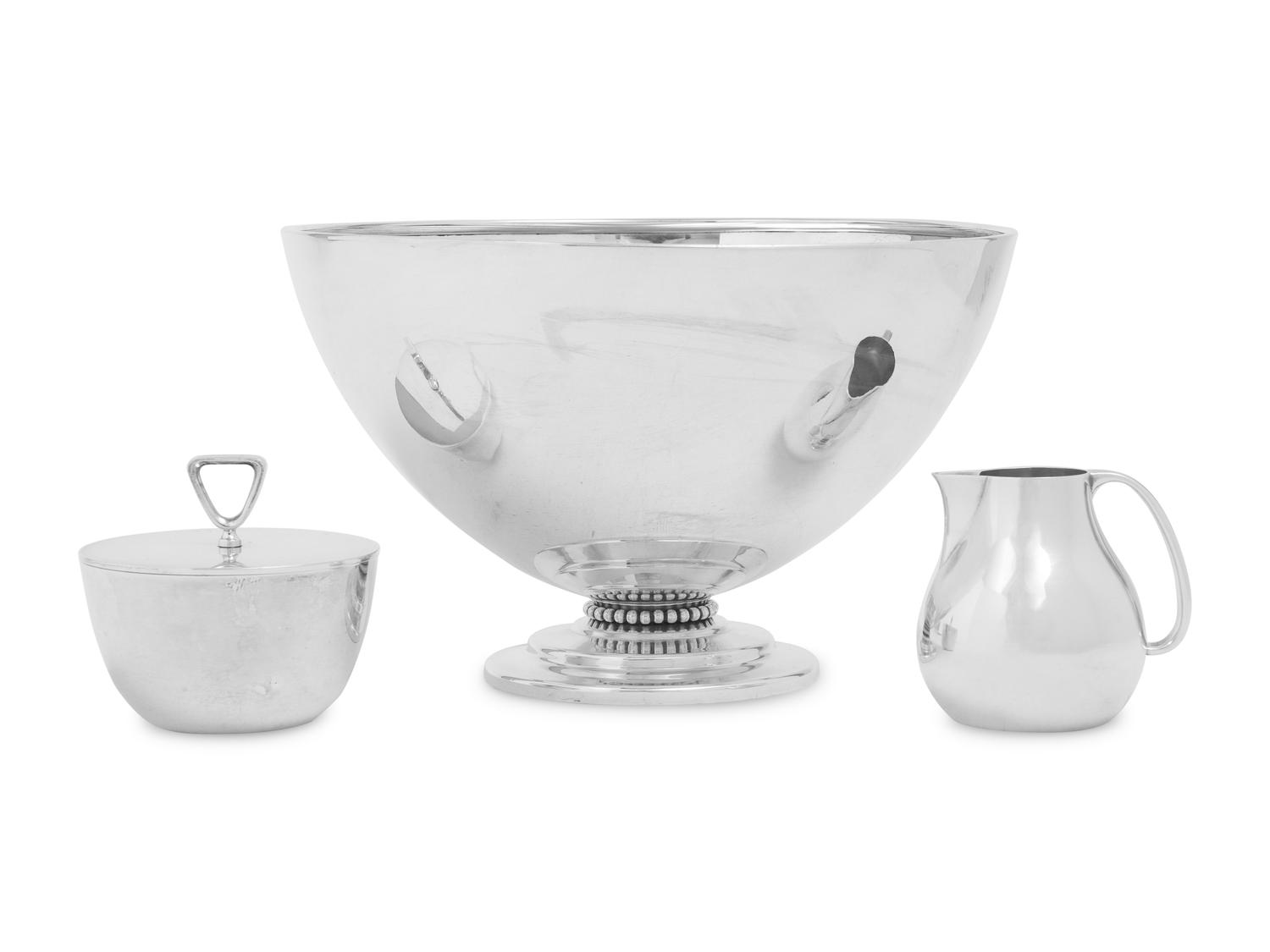A Georg Jensen Silver Cream and Sugar Set and an American Silver Center Bowl