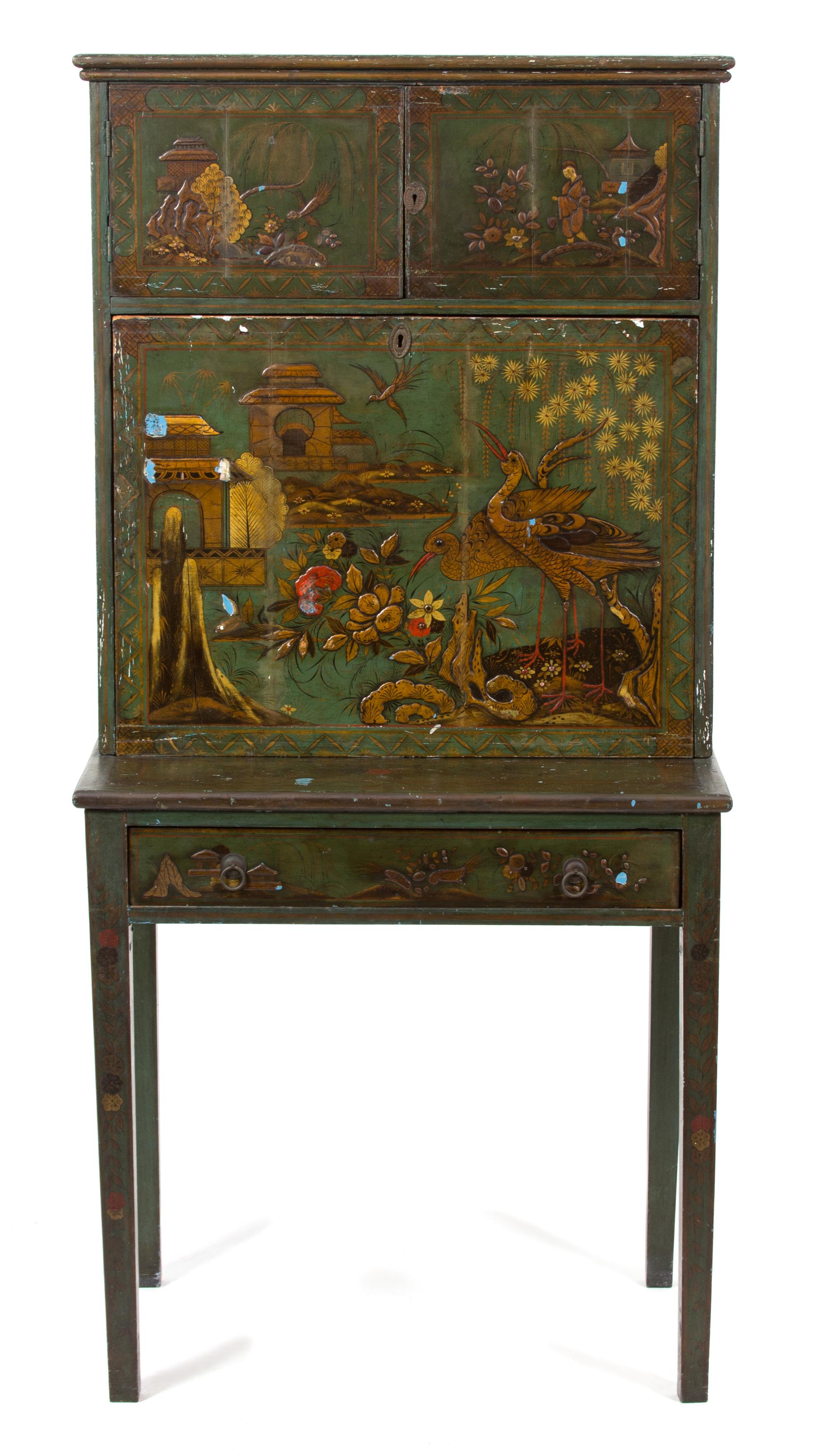 A Chinese Lacquered Drop Front Secretary Desk Height 58 x width 28 x depth 18 1/4 inches. — 19TH CENTURY