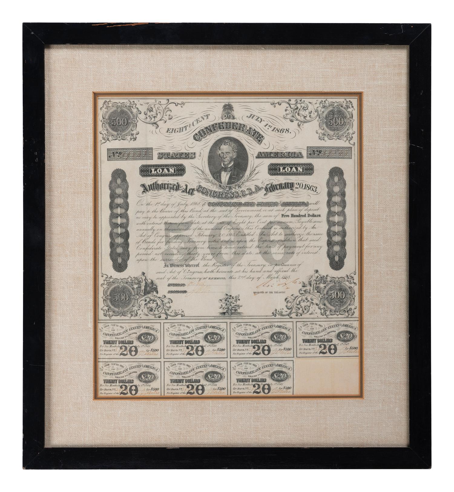 [CIVIL WAR]. A group of 11 Confederate bonds, incl. $500 and $1000 examples.