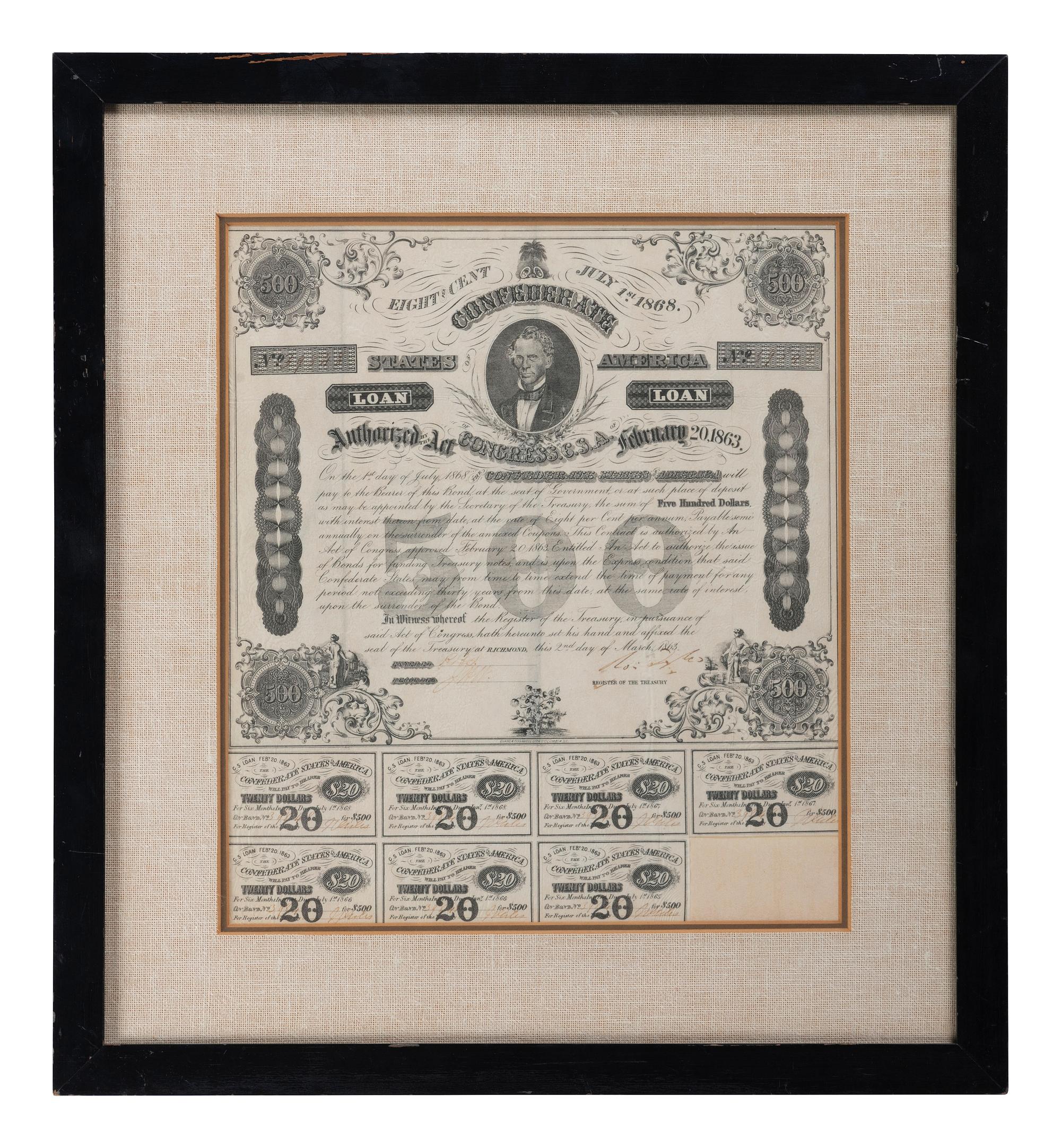 [CIVIL WAR]. A group of 11 Confederate bonds, incl. $500 and $1000 examples.