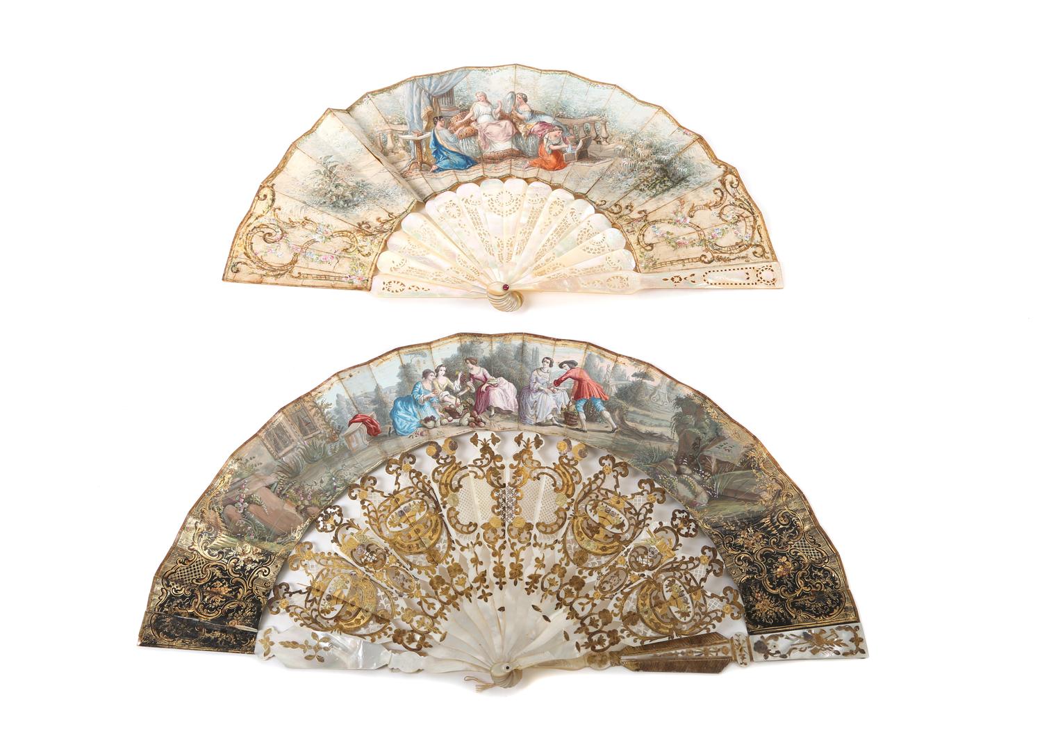 A Set of Four Antique Continental Fans Width of widest 20 inches. — 19TH CENTURY