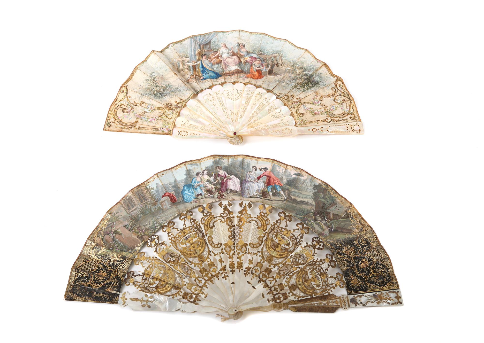 A Set of Four Antique Continental Fans Width of widest 20 inches. — 19TH CENTURY