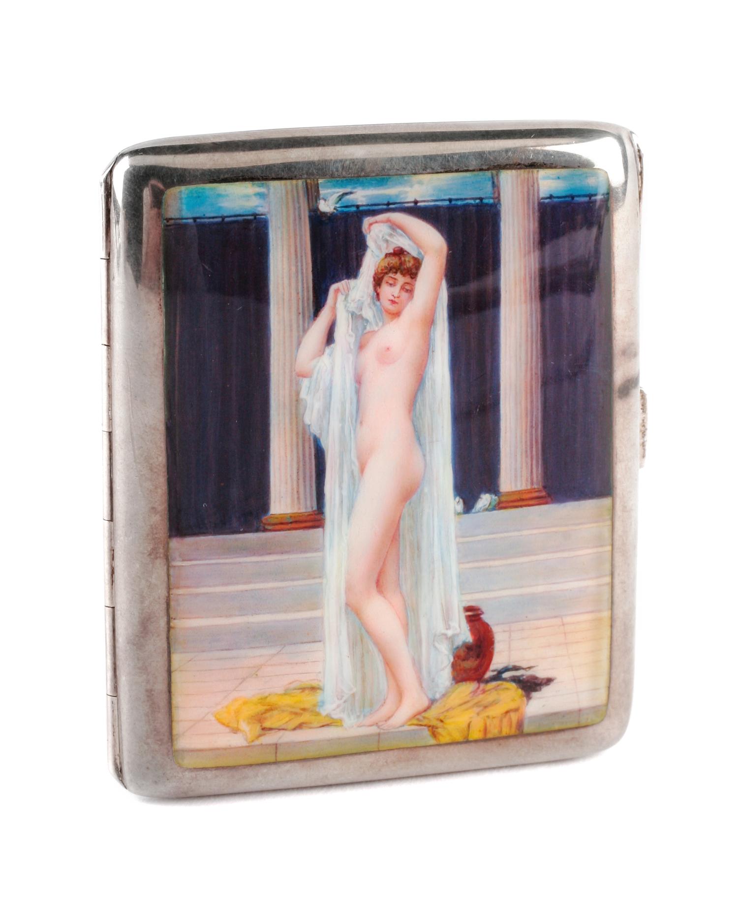 A German Enameled Silver Cigarette Case, Lutz & Wiess, Pforzheim, Late 19th/Early 20th Century, the lid enameled to show a nude model i