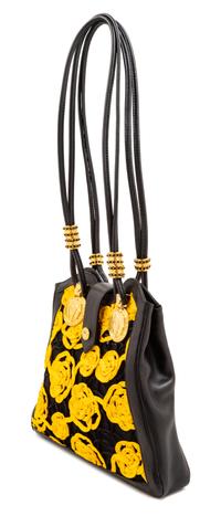 Gianni Versace Black Yellow Floral Handbag, 1990s 11.75" L x 2" W x 10.5" H; strap drop: 14"
