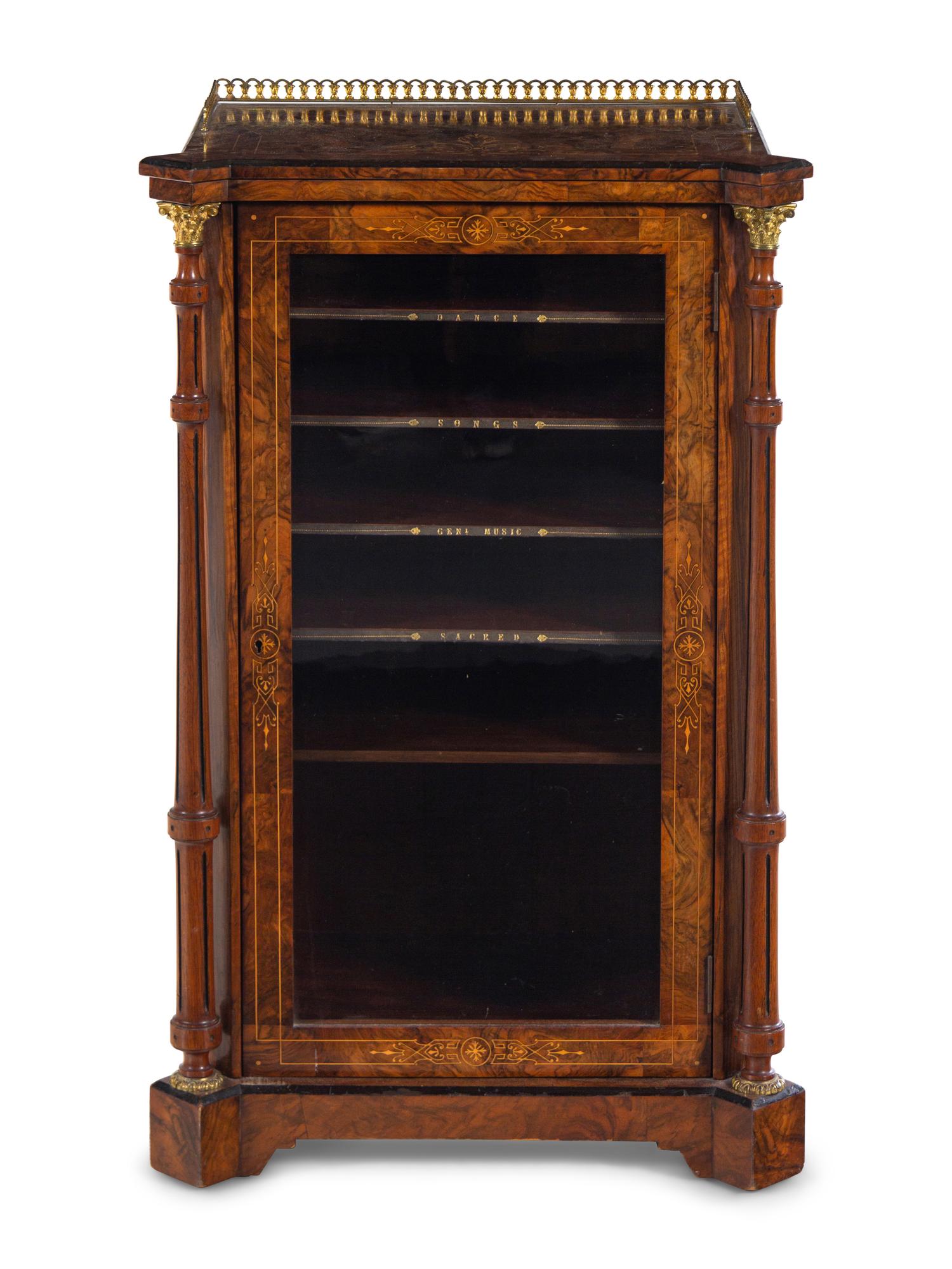A Victorian Gilt Metal Mounted Burl Walnut Music Cabinet