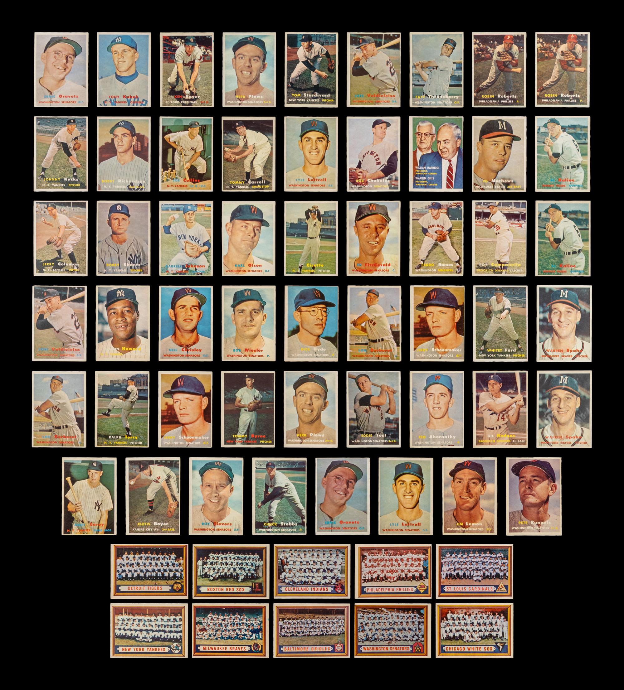 A Group of Over 60 1957 Topps Baseball Cards Including Multiple Hall of Famers and Notables,