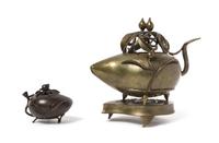 Two Chinese Bronze Peach-Form Incense Burners Height of taller 12 inches. — 19TH CENTURY