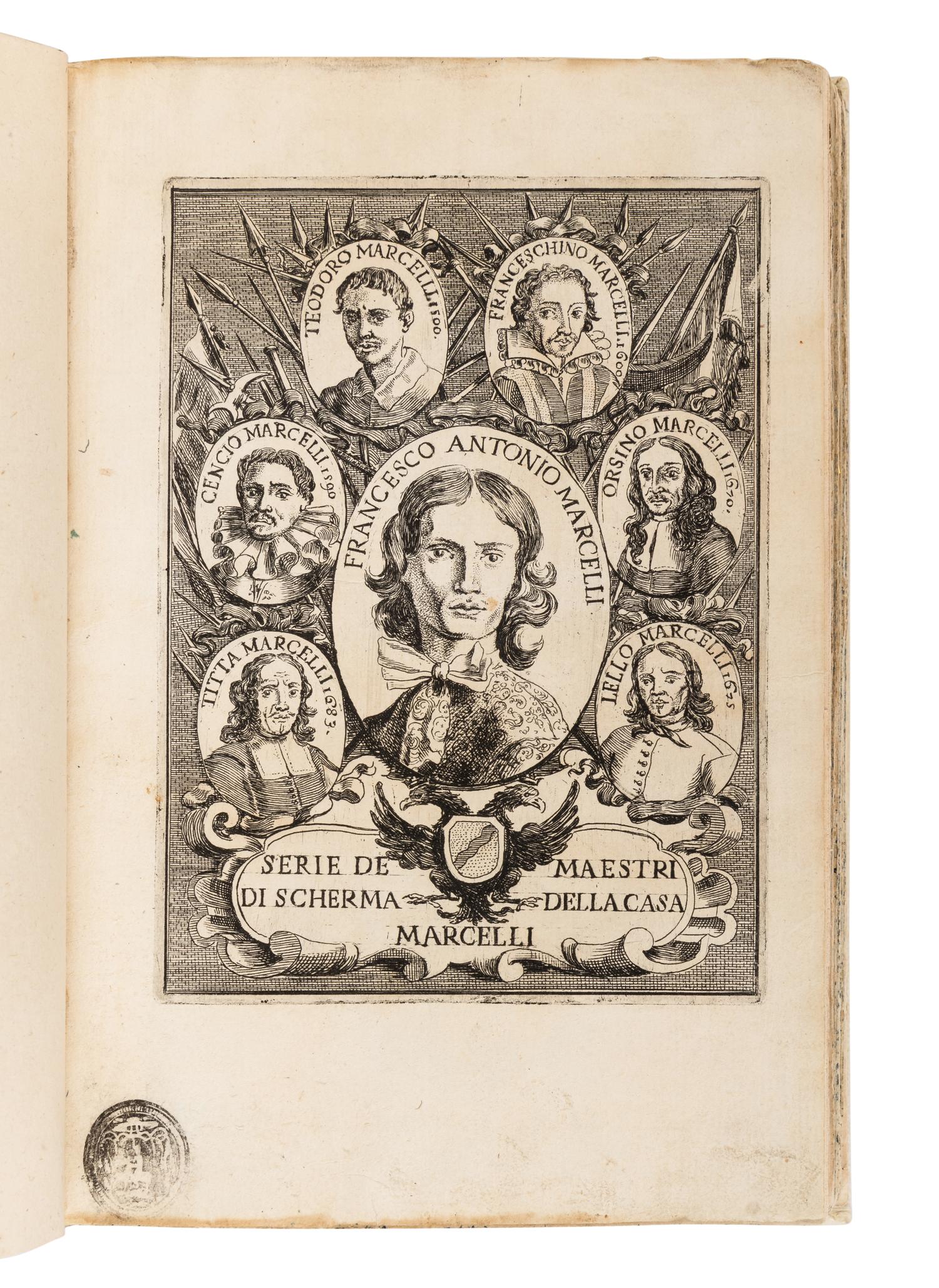 MARCELLI, Francesco Antonio. Regole della scherma insegnate de Lelio, e Titta Marcelli scritte da Francesco Antonio Marcelli figlio, enipote e maestro di scherma in Roma . Rome: Dom. Ant. Ercole, 1686.