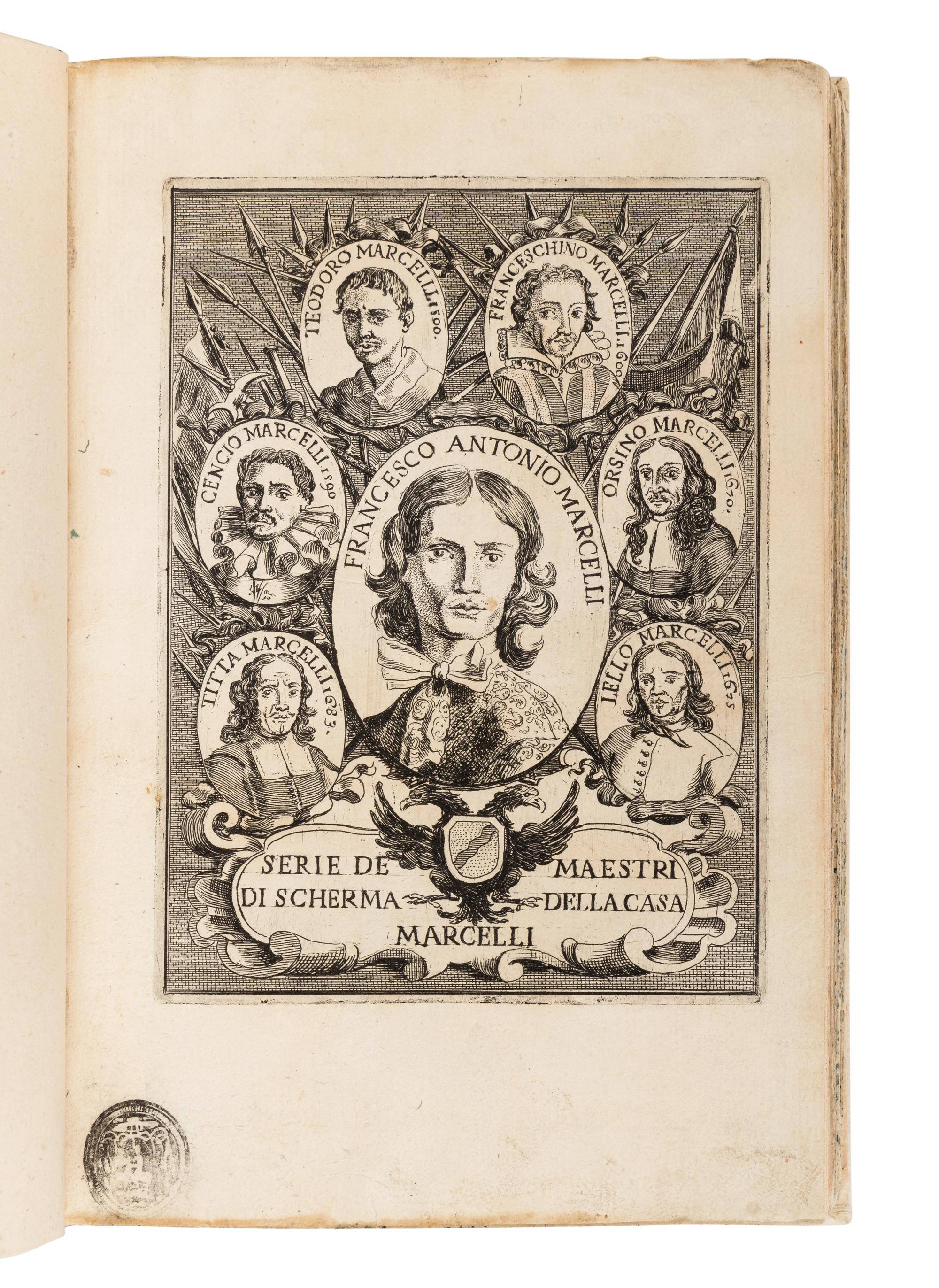 MARCELLI, Francesco Antonio. Regole della scherma insegnate de Lelio, e Titta Marcelli scritte da Francesco Antonio Marcelli figlio, enipote e maestro di scherma in Roma . Rome: Dom. Ant. Ercole, 1686.
