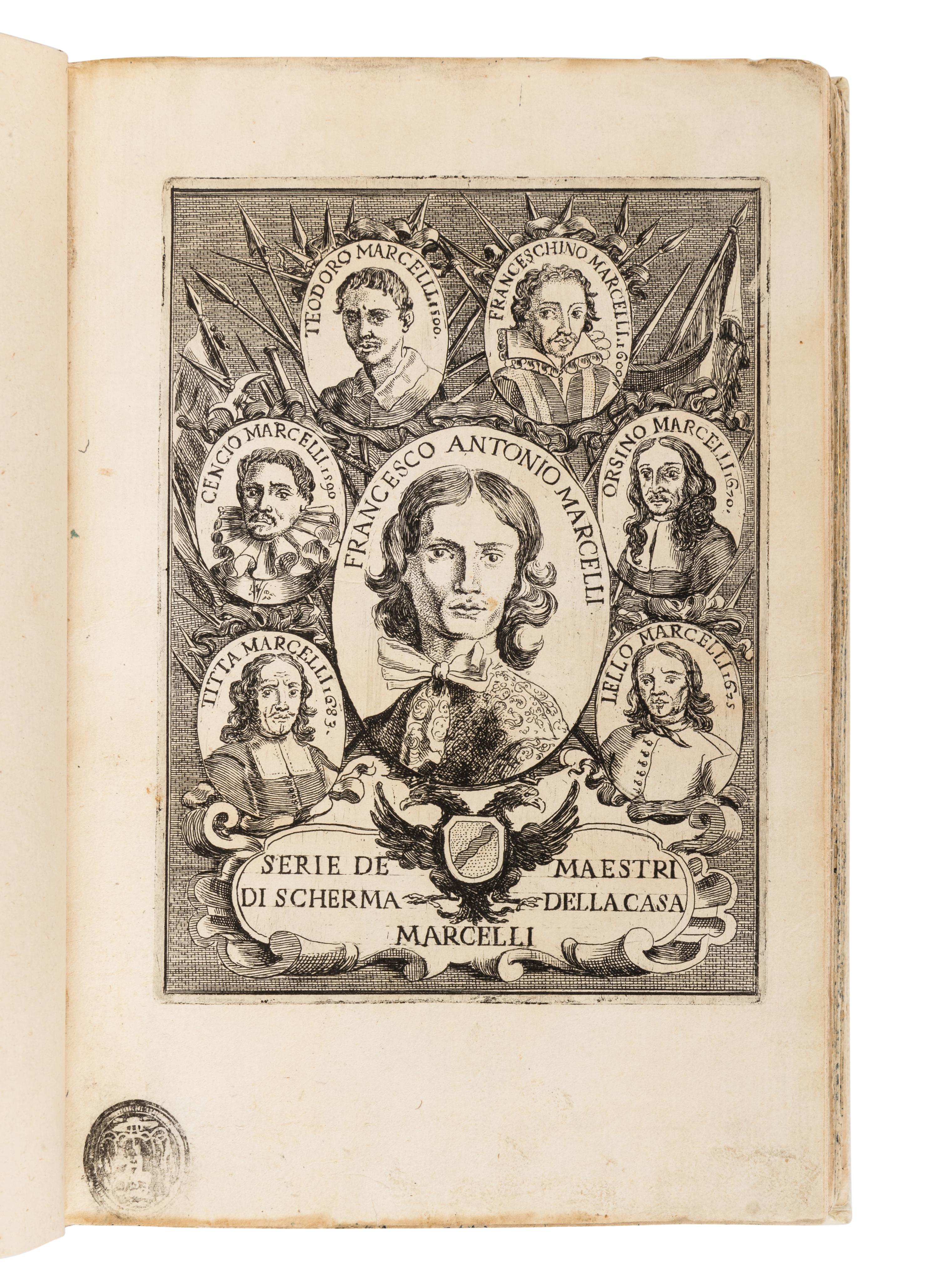 MARCELLI, Francesco Antonio. Regole della scherma insegnate de Lelio, e Titta Marcelli scritte da Francesco Antonio Marcelli figlio, enipote e maestro di scherma in Roma . Rome: Dom. Ant. Ercole, 1686.