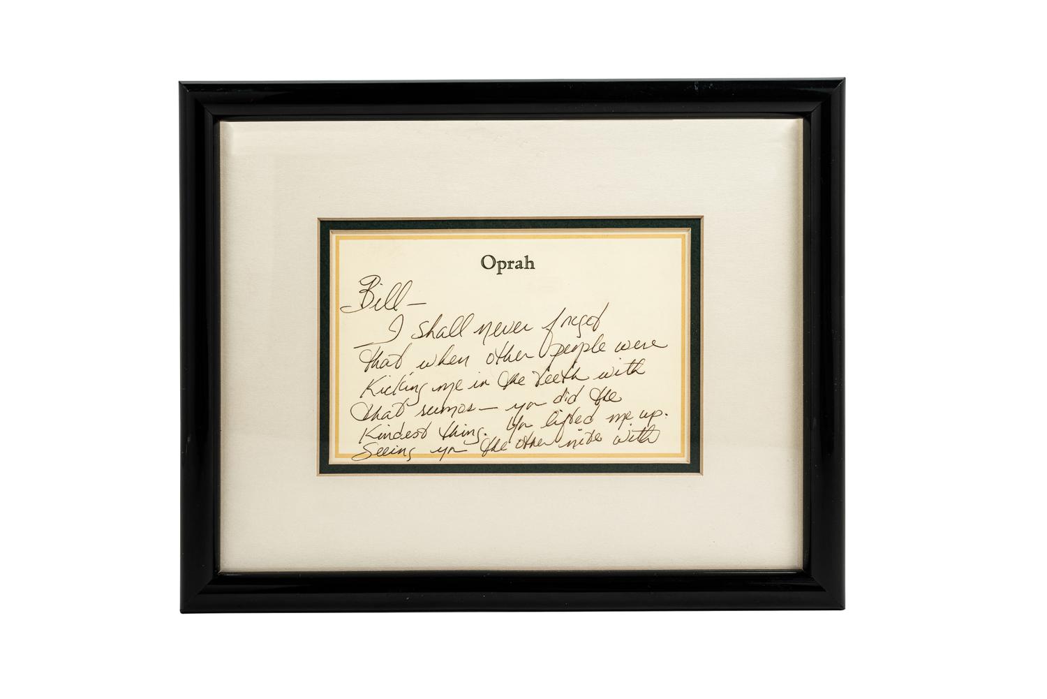 (Celebrity Memorabilia). WINFREY. Oprah (1967). A handwritten note from Oprah Winfrey (1954) to Bill Zwecker, written in 1987.