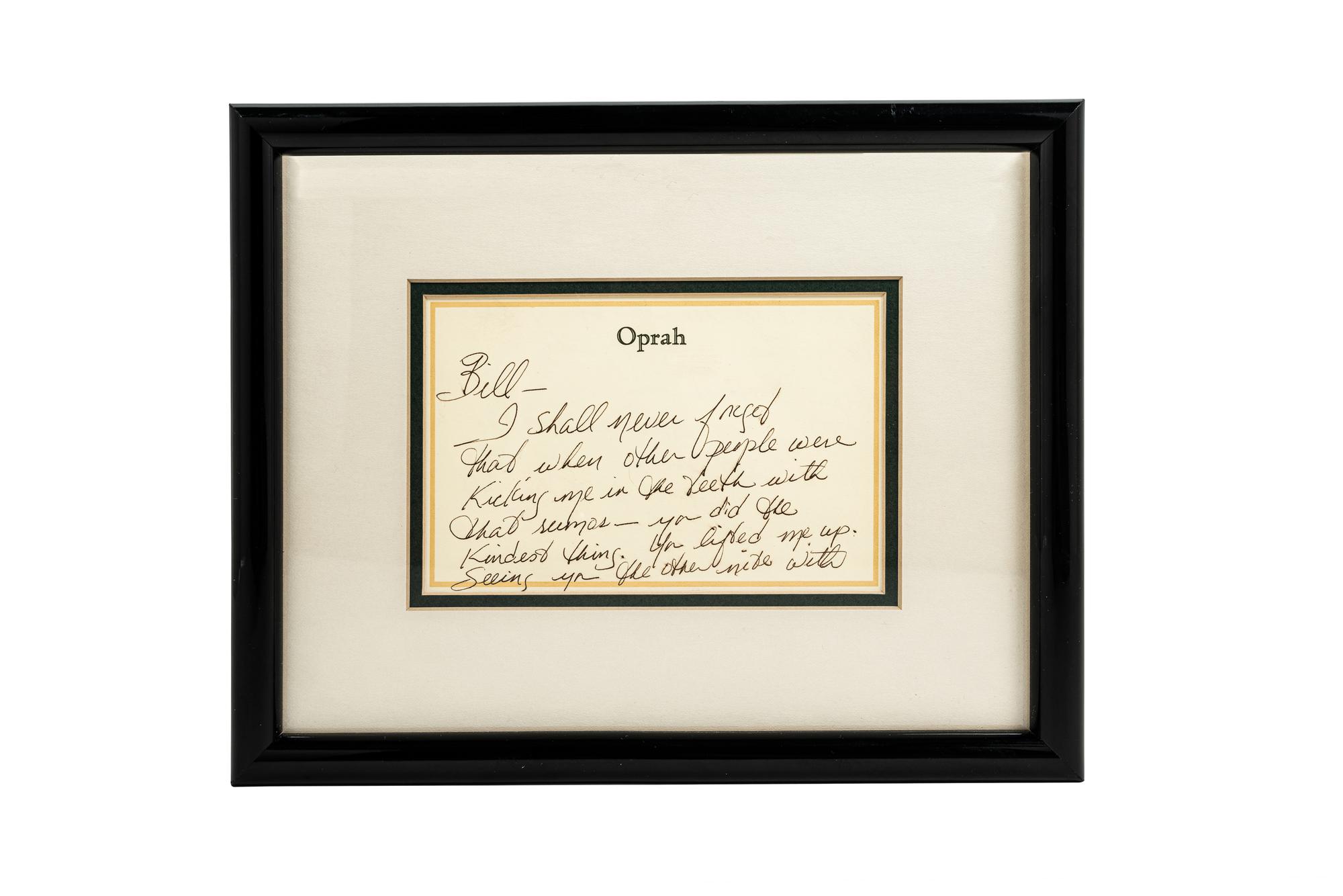 (Celebrity Memorabilia). WINFREY. Oprah (1967). A handwritten note from Oprah Winfrey (1954) to Bill Zwecker, written in 1987.