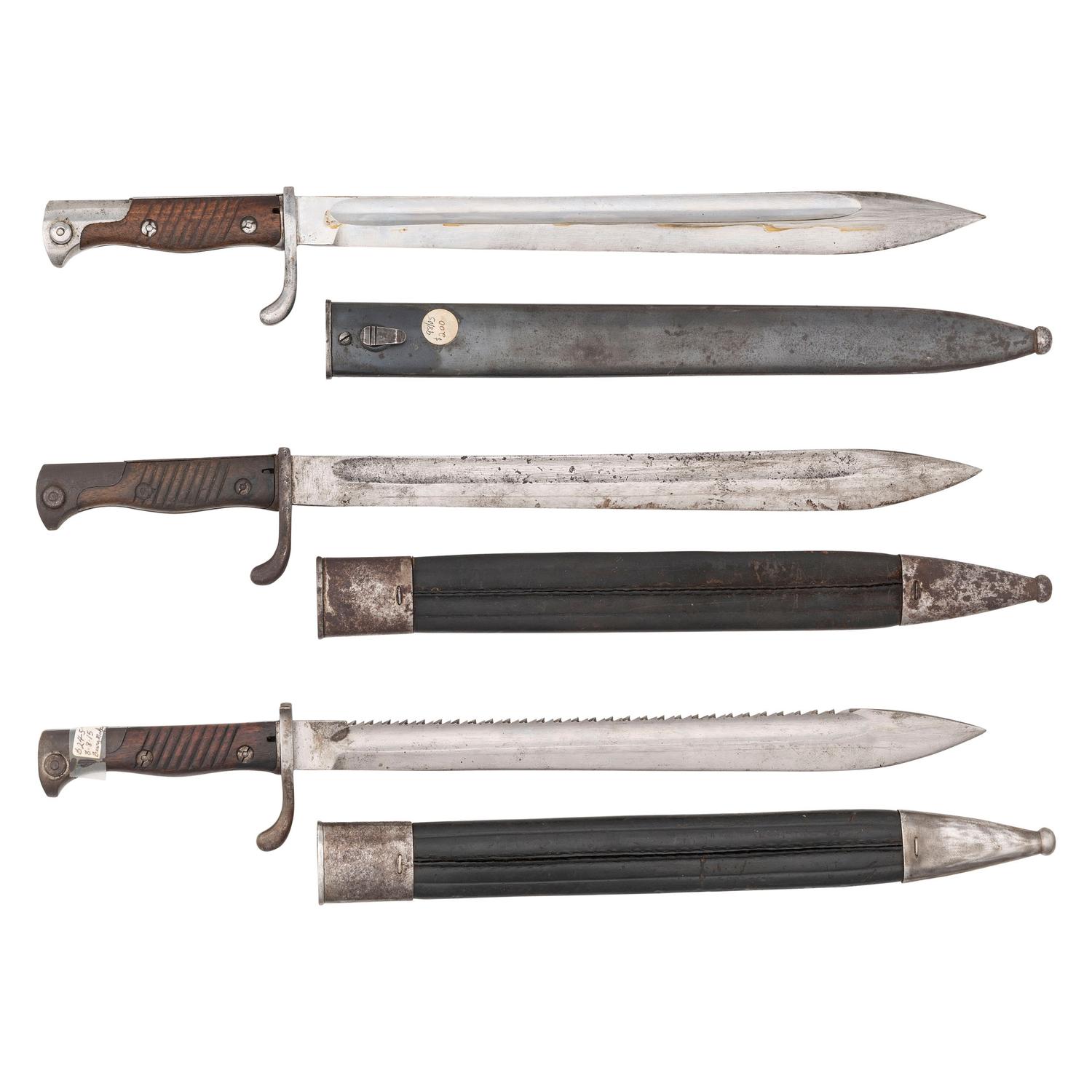 Lot of 3 German M1898/05 Bayonets with Scabbards Including: Sawback and Double Stamped Henckels/Frister & Rossman