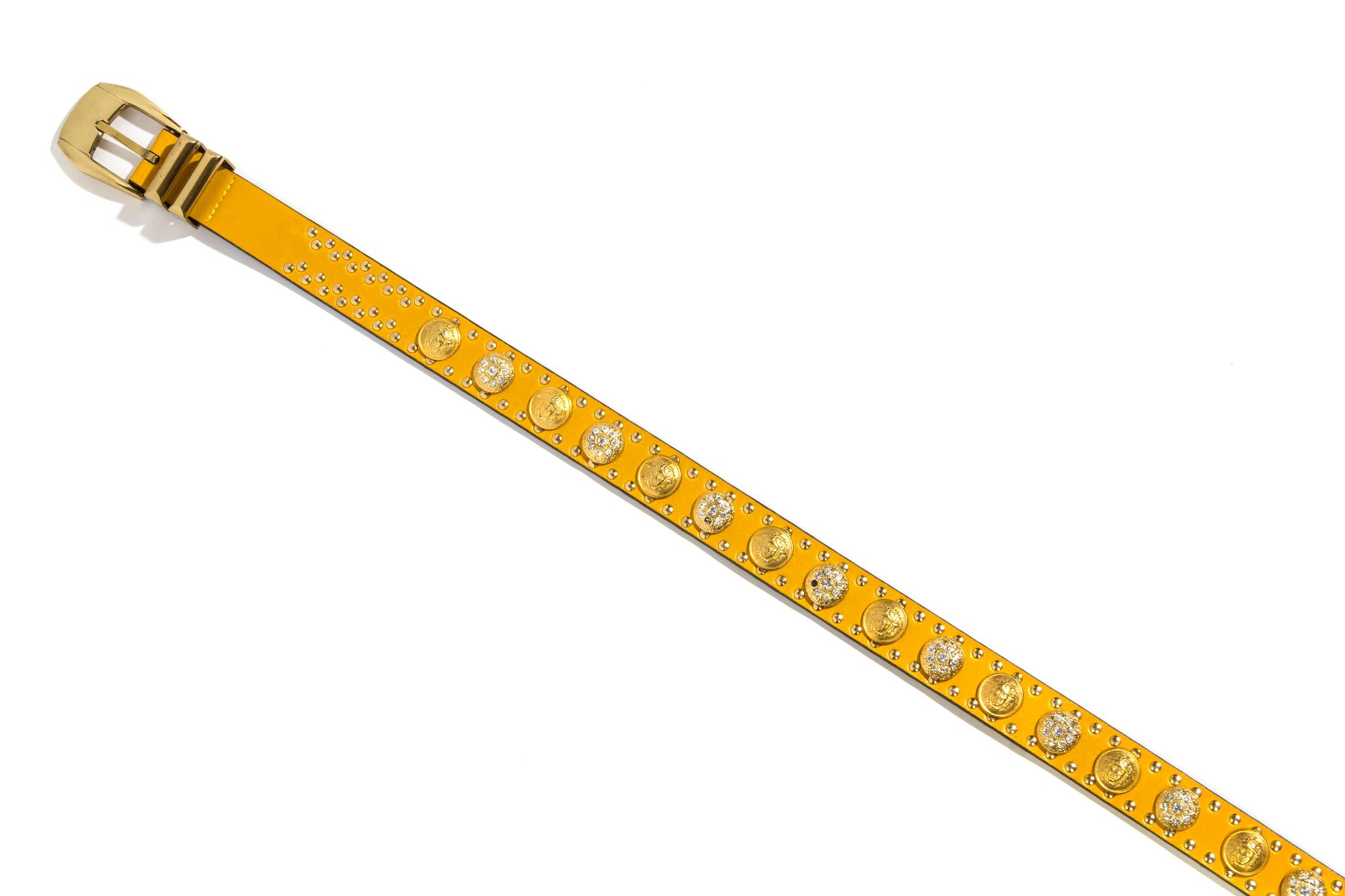 A Gianni Versace Yellow Leather Belt with Rhinestone Medallions, Size 60/32.