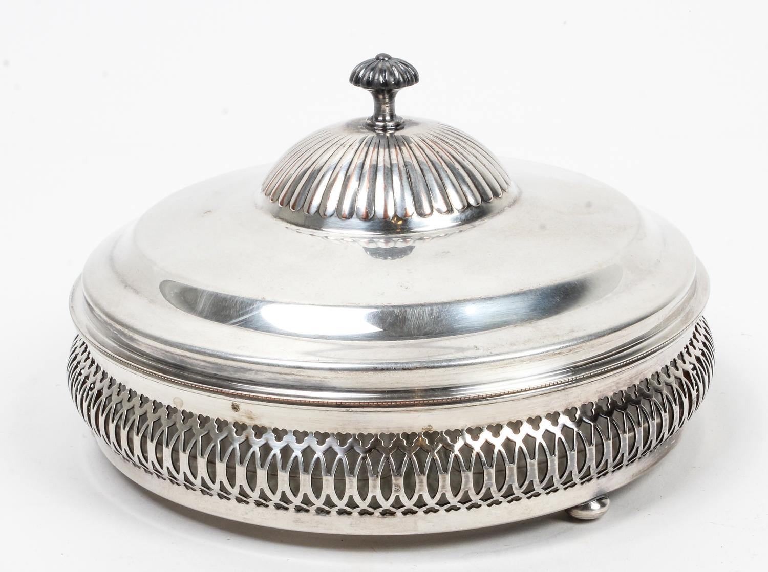 An American Silver-Plate and Glass Candy Dish, Crescent Silverware Mfg. Co., Port Jervis, NY, 20th Century, having a domed lid with pie