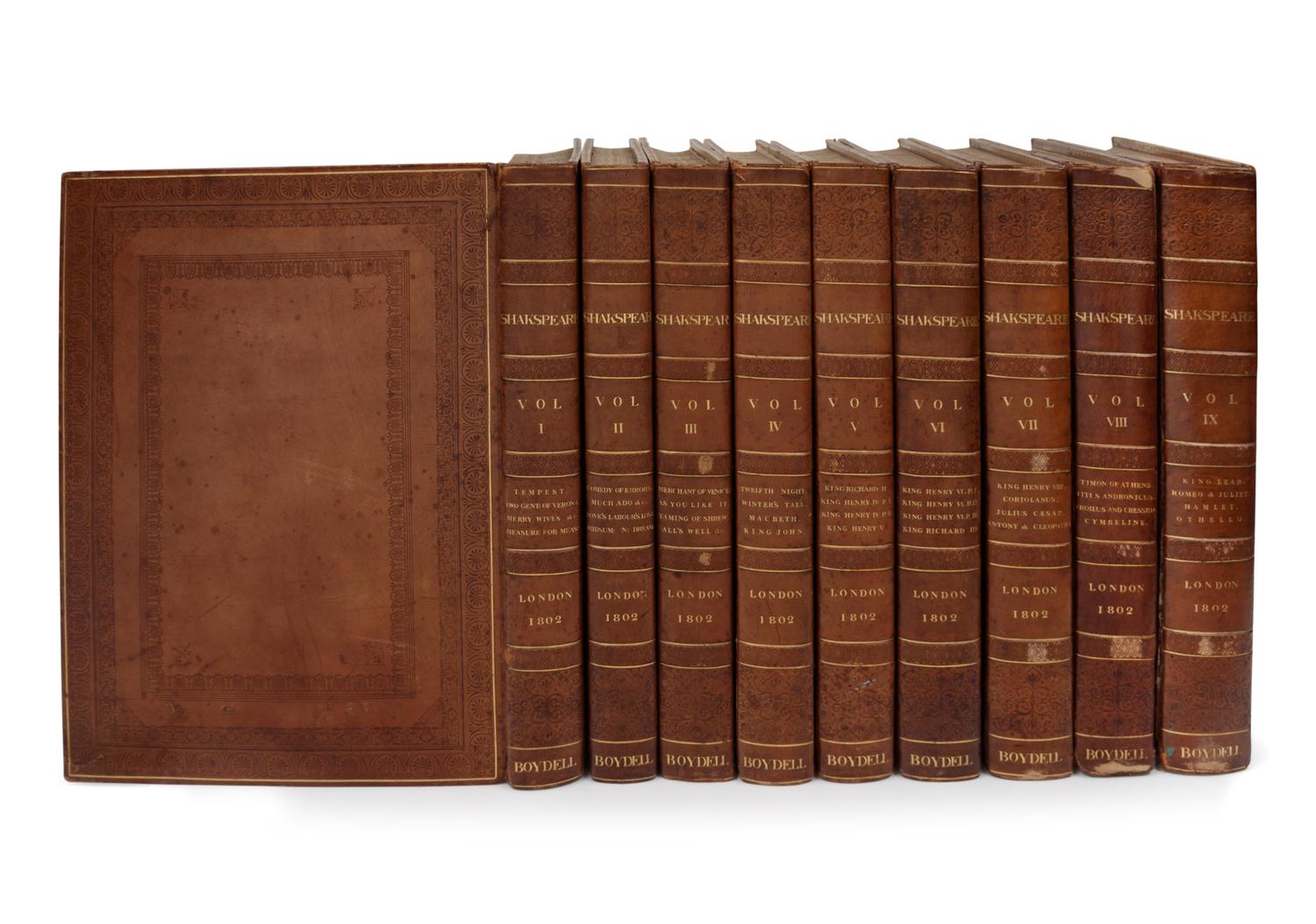 SHAKESPEARE, William (1564-1616). The Dramatic Works ... revised by George Steevens . London: W. Bulmer and Co., Shakespeare Printing-Office, for John and Josiah Boydell, George and W. Nicol, from the types of W. Martin, 1802.