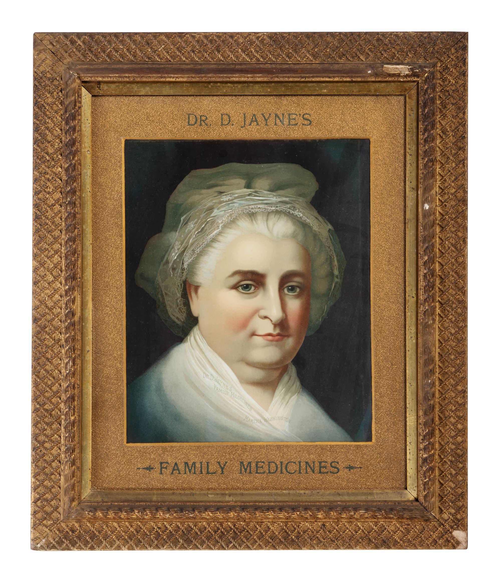 A Dr. D. Jayne's Family Medicine Framed Advertising Lithographic Portrait of Martha Washington