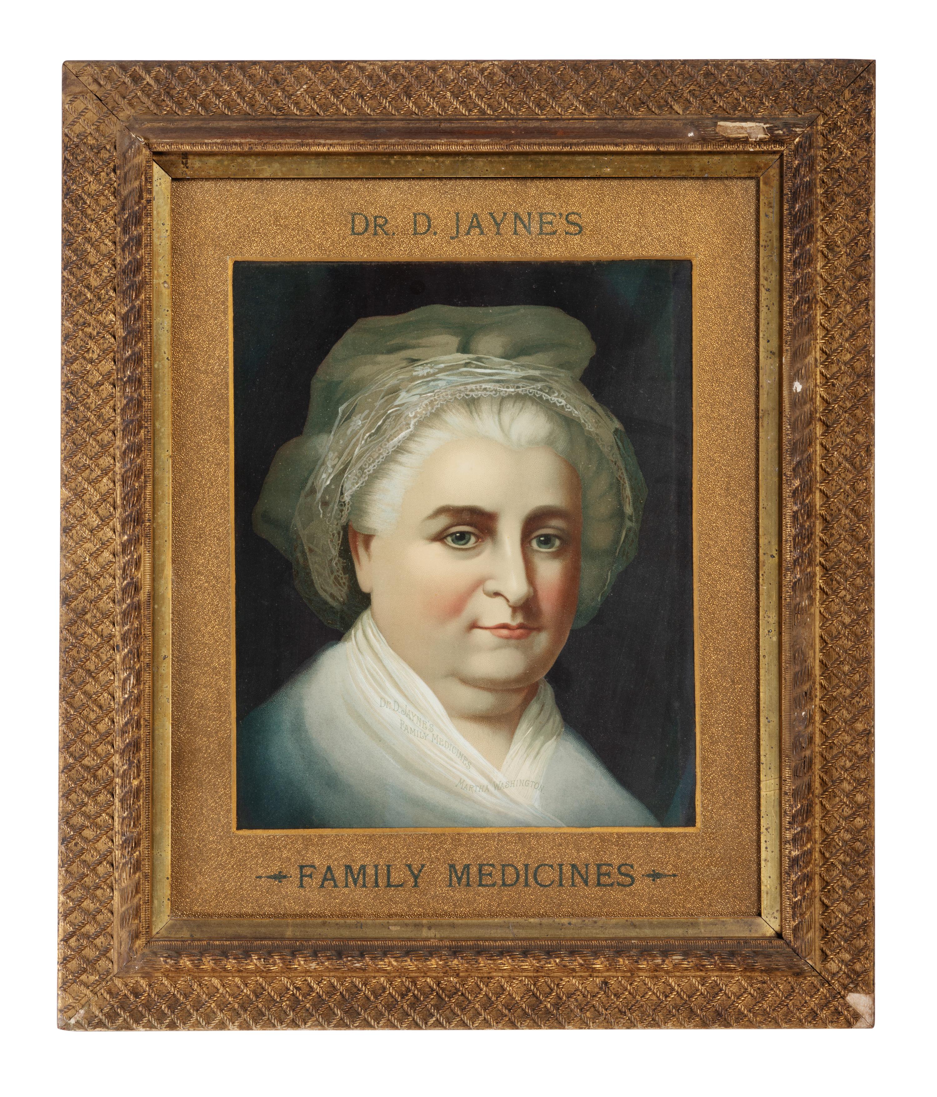 A Dr. D. Jayne's Family Medicine Framed Advertising Lithographic Portrait of Martha Washington