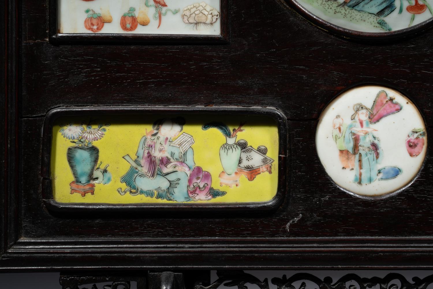 A Chinese Famille Rose Porcelain Inset Hardwood Table Screen