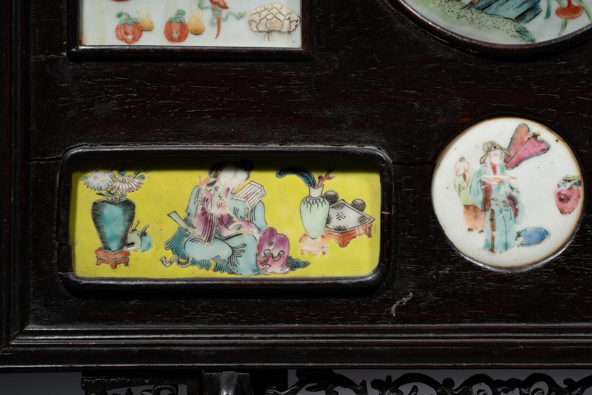 A Chinese Famille Rose Porcelain Inset Hardwood Table Screen