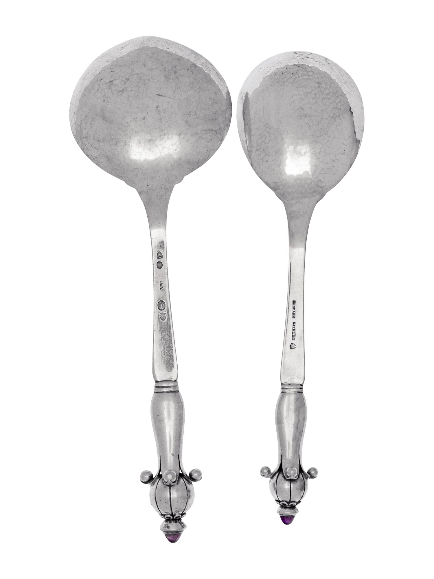 Two Danish Silver and Amethyst Mounted Serving Spoons