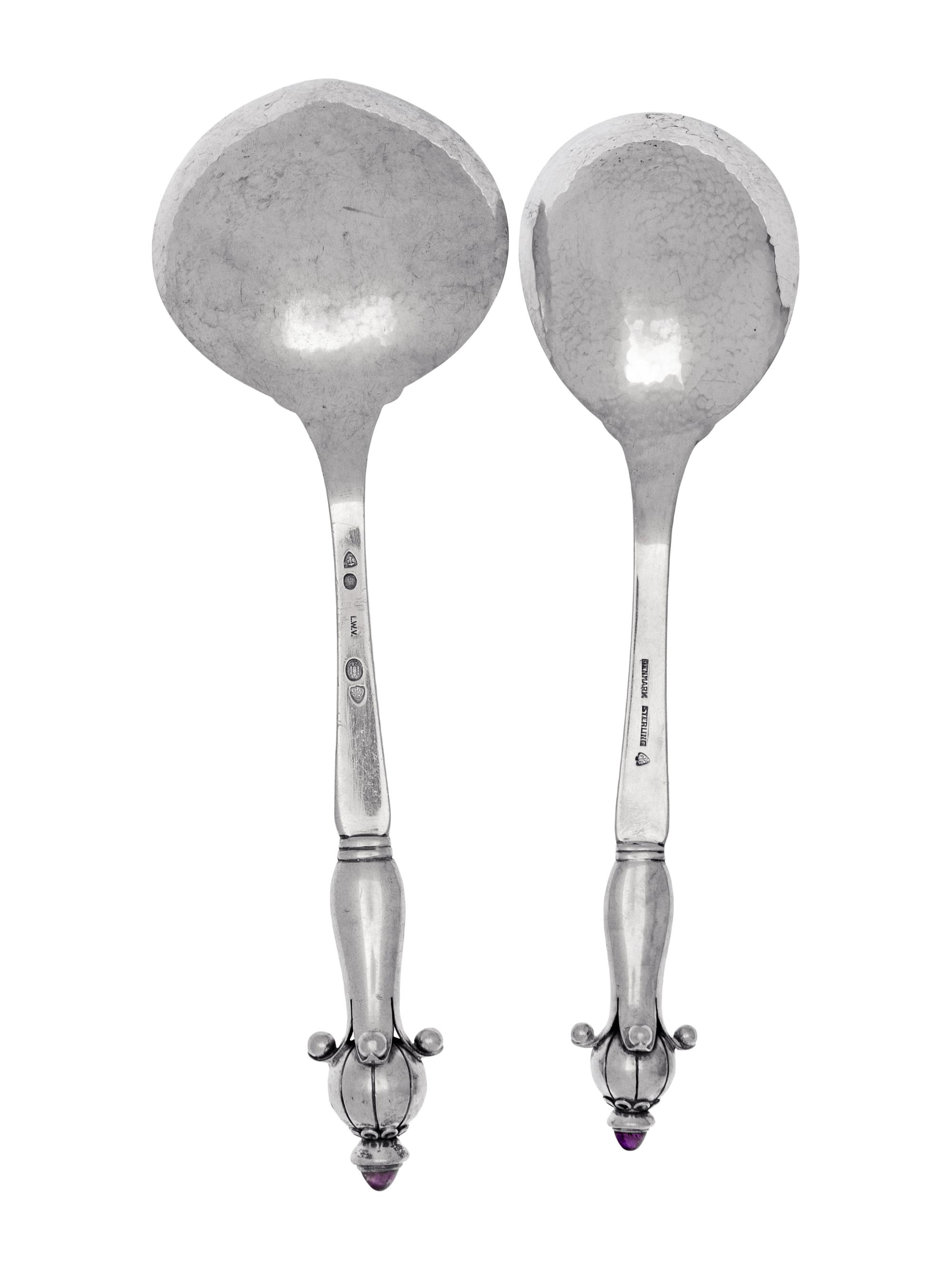 Two Danish Silver and Amethyst Mounted Serving Spoons