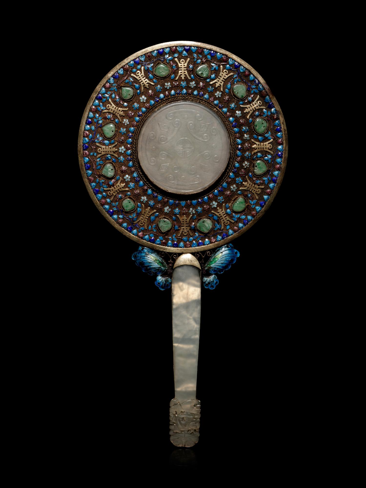 A Jade, Jadeite and Hardstone Inset Filigree and Enameled Hand Mirror