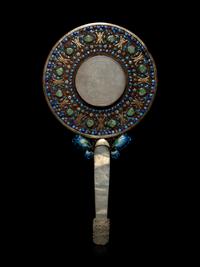 A Jade, Jadeite and Hardstone Inset Filigree and Enameled Hand Mirror