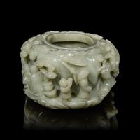 A Large Chinese Carved Celadon Jade Brush Washer, Xi — 青玉雕松下高士圖洗