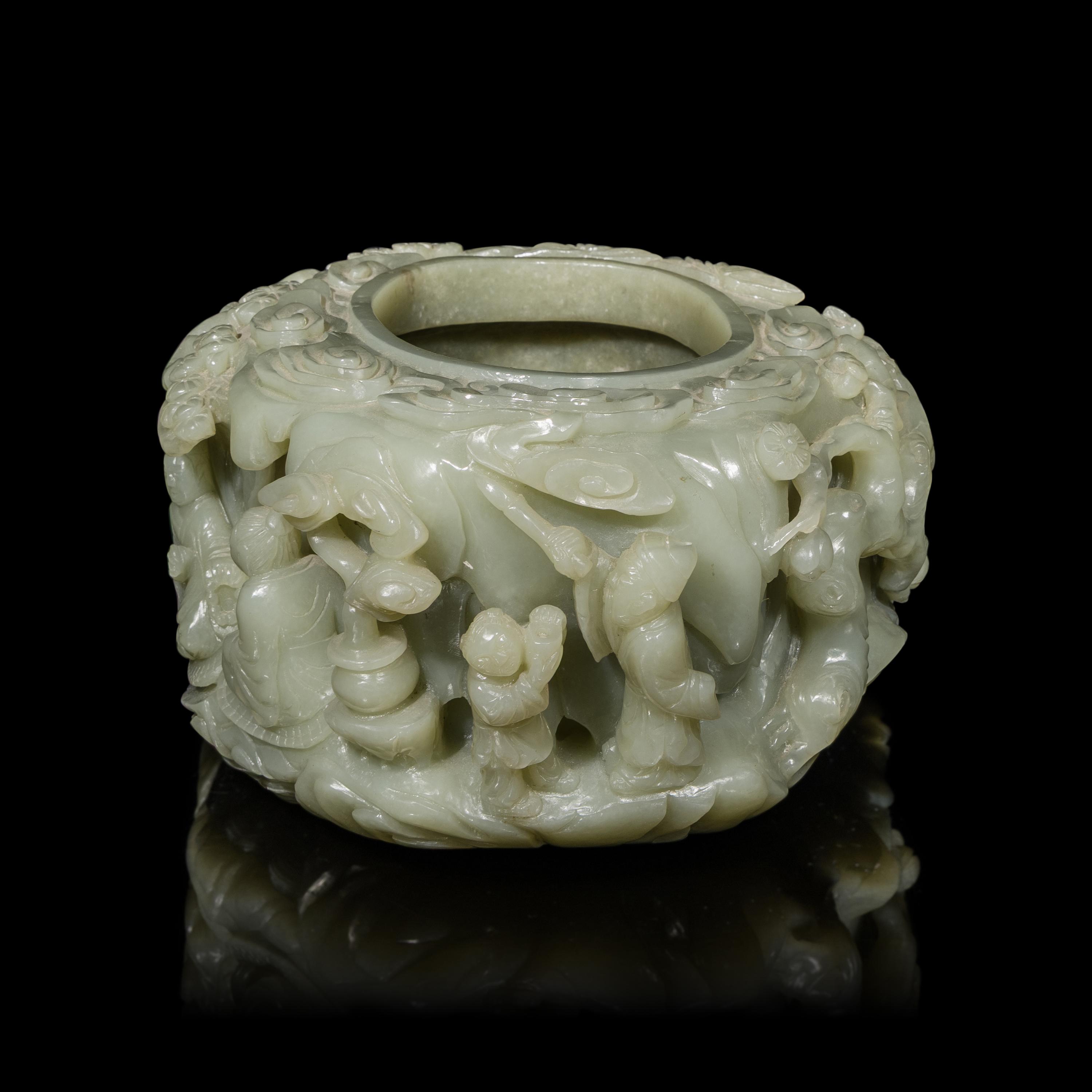A Large Chinese Carved Celadon Jade Brush Washer, Xi — 青玉雕松下高士圖洗