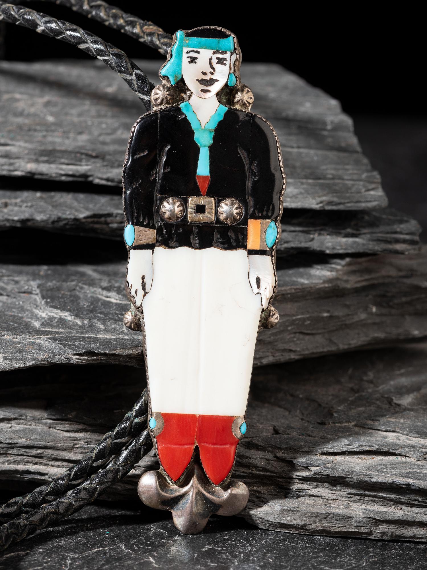 Zuni Mosaic Inlay Figural Male Bolo Tie