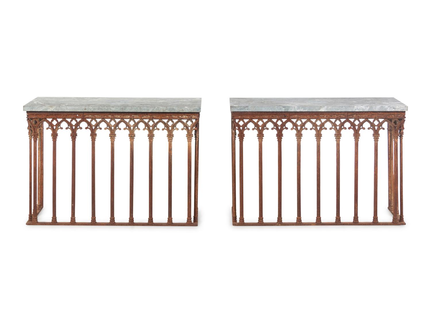 A Pair of Gothic Revival Iron Marble-Top Garden Tables