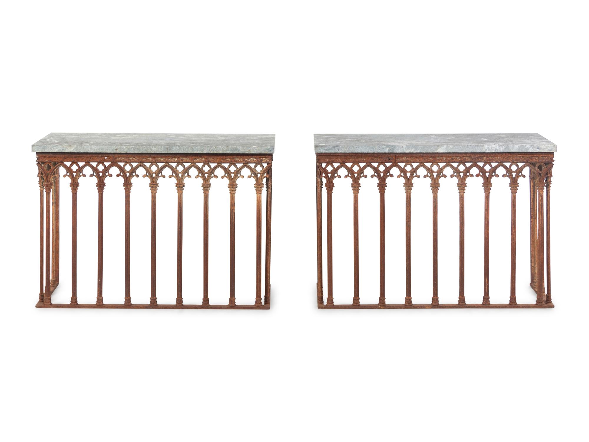 A Pair of Gothic Revival Iron Marble-Top Garden Tables
