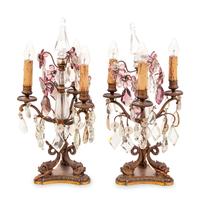 A Pair of French Gilt Metal and Cut Glass Three-Light Candelabra