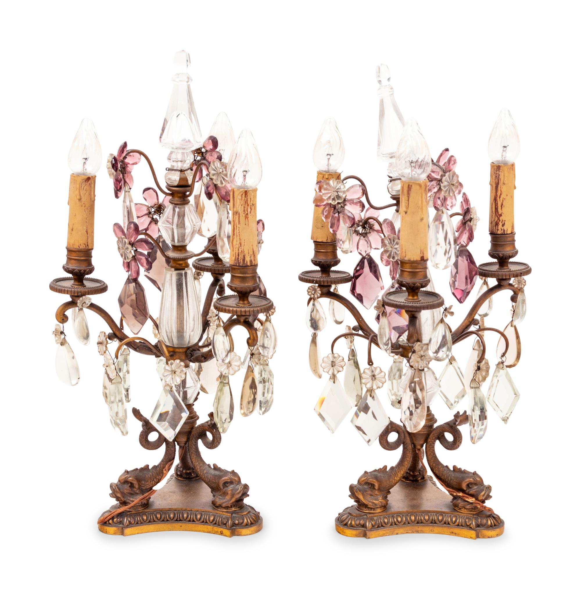 A Pair of French Gilt Metal and Cut Glass Three-Light Candelabra