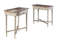 A Pair of Louis XVI Carved and Painted Marble-Top Pier Tables