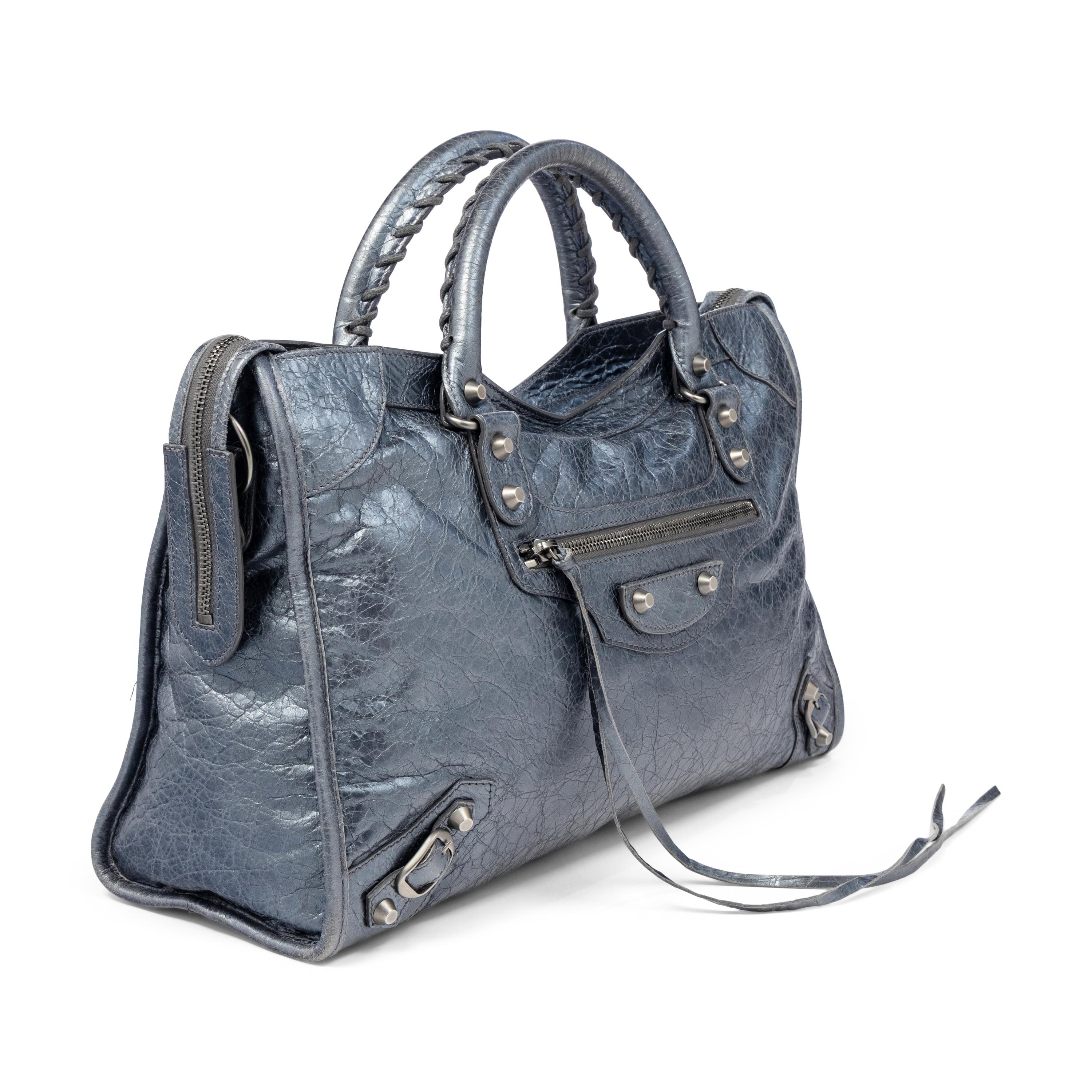 BALENCIAGA, METALLIC STEEL BLUE MEDIUM CITY BAG