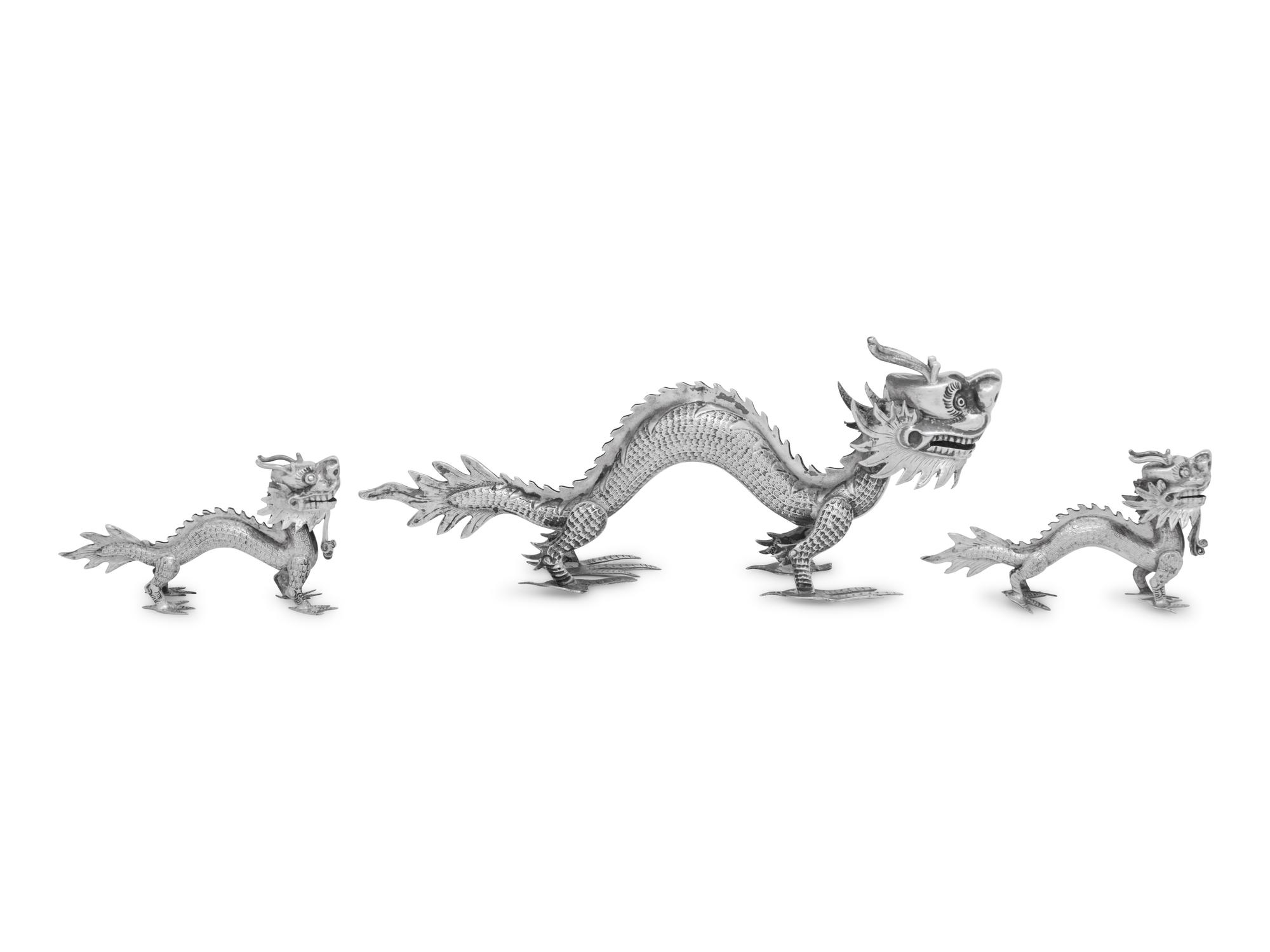 Three Chinese Export Silver Models of Dragons