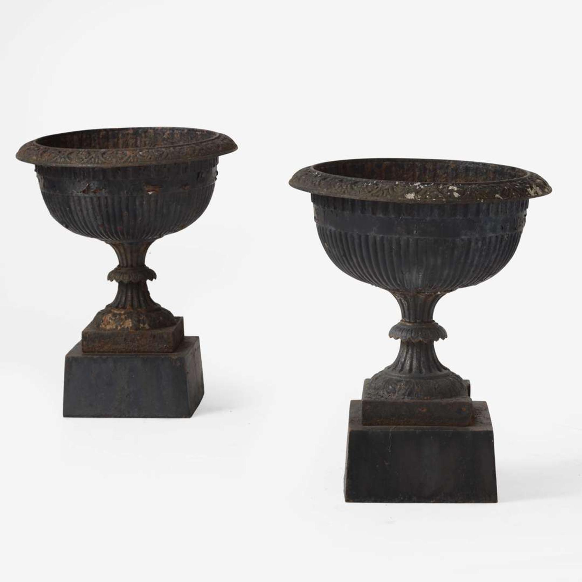 A pair of black-painted cast iron garden urns late 19th century