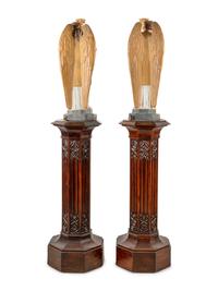 A Pair of Painted and Parcel Gilt Figural Altar Prickets with Associated Gothic Revival Pedestals