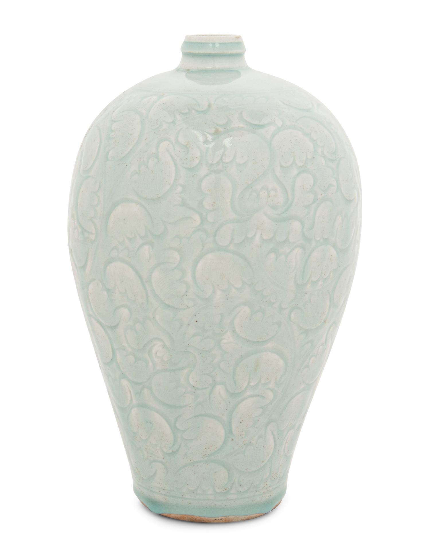 A Chinese Incised Yingqing Glazed Porcelain Meiping Vase