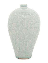 A Chinese Incised Yingqing Glazed Porcelain Meiping Vase