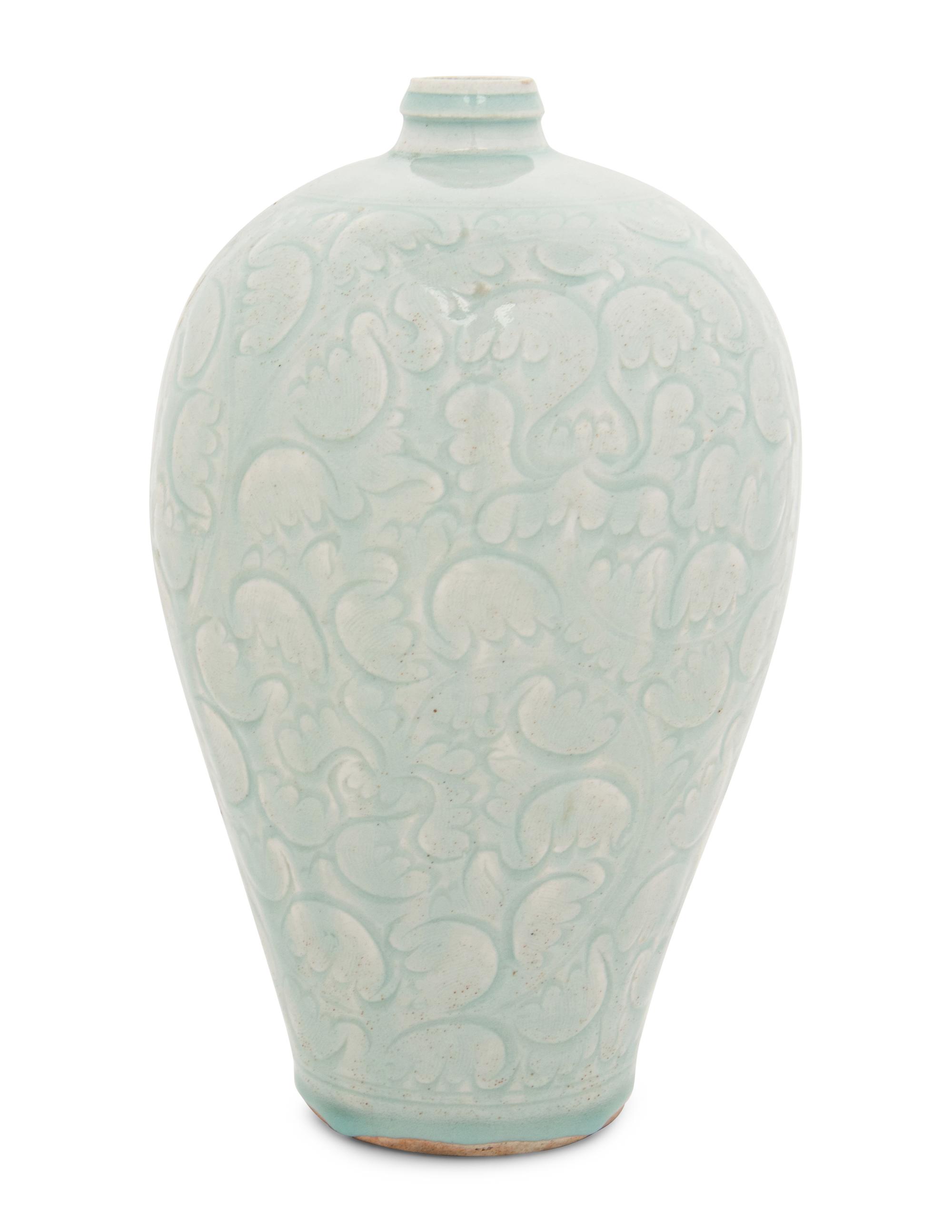 A Chinese Incised Yingqing Glazed Porcelain Meiping Vase